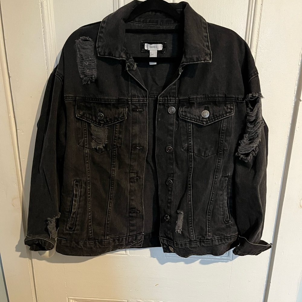 Forever 21 Black Distressed Denim Jacket